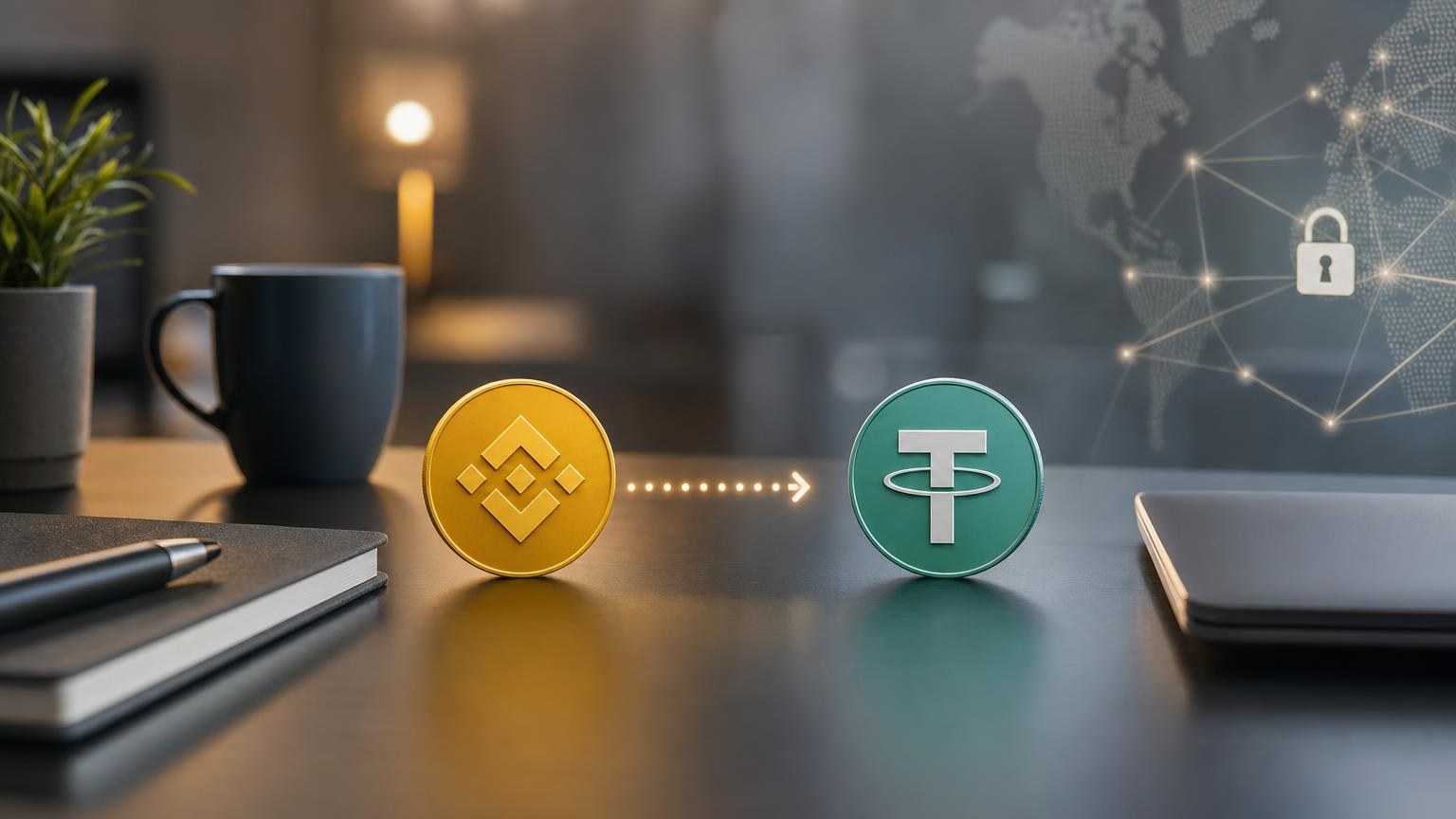 BNB and USDT exchange route diagram comparing BNB Smart Chain, Ethereum, and TRON network requirements